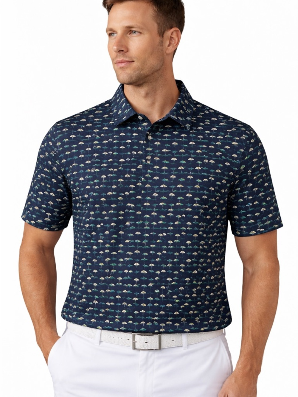 Pro Tour Golf Polo Blue Green Umbrella Print Performance Shirt Mens L